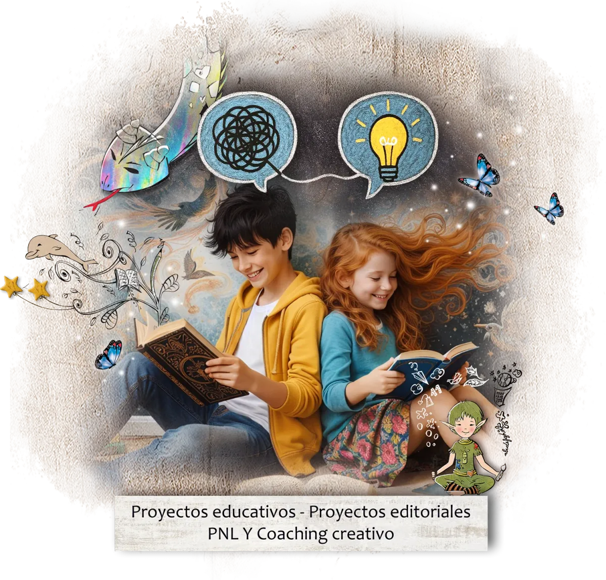 Dos niños leyendo mientras la imaginación cobra vida: libros, estrellas, mariposas e ideas que salen de las páginas